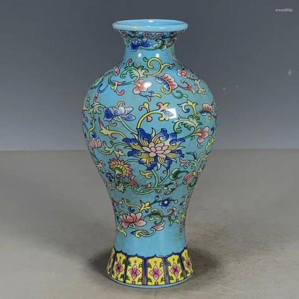 Garrafas chinesas azul famille rosa porcelana qing qianlong lotus padrão vaso 5,90 polegadas