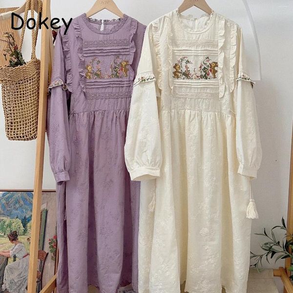 Abiti da festa ricamo floreale vintage abito a maniche lunghe donne giapponese mori ragazza primavera dolce cotone in cotone in lino vestidos para mujer