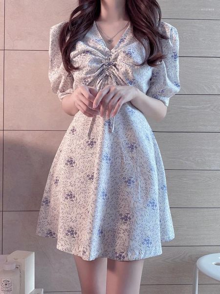 Parti Elbiseleri Güney Kore Şık S Kadınlar Yaz Kısa Kollu Dökümlü Tasarım Flhjwoc Tarih Sevimli Çiçek Vintage Bow Tie Elbise 5806