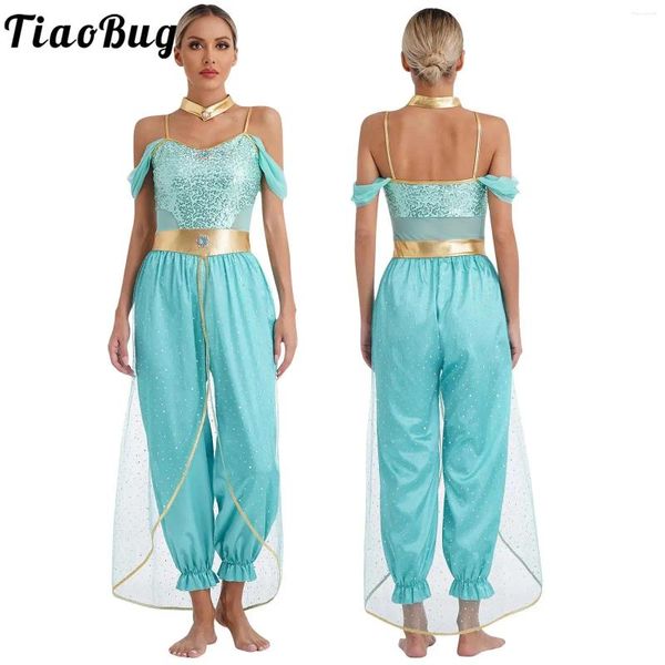 Bühne Wear Womens Belly Dance Kostüm ärmellose glänzende Pailletten Edelchen geschmückt arabische Prinzessin Strampler Jumpsuit Halloween Dress Up Costümen