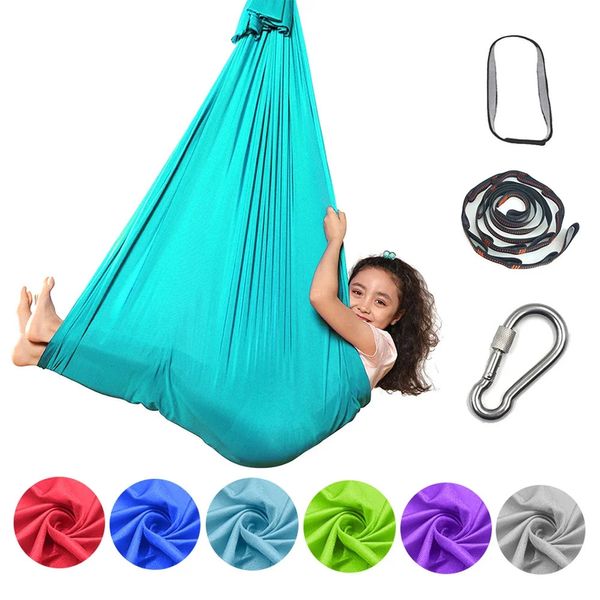 Kinder Hängematte Elastic Bett Innen im Freien im Freien Hängematten -Yoga -Fitness -Werkzeug mit Verlängerungsträgern Carabiners 240419