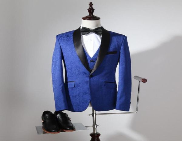 Dreiteils Royal Blue Nadelstreifenmänner Anzüge für Hochzeitsbräutigams tragen schwarze Schal -Revers -Klassiker Stil Bräutigam Tuxedos Jacke v3789695
