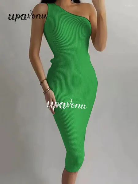 Günlük elbiseler seksi yeşil bir omuz örgü elbise kadın moda meşale kolsuz sıska gece parti diz uzunluğu 2024 yaz