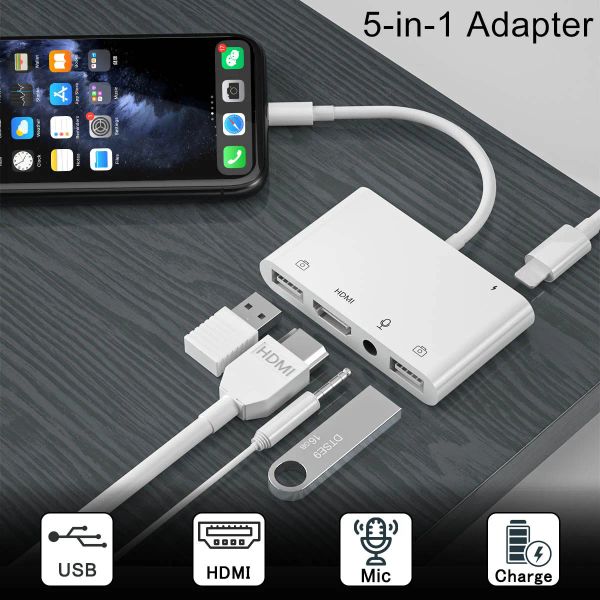 HUBS Lighting to HDMI -адаптер микрофон аудиокабель Aux Jack Jack Dual USB Hub 4K AV TV Зарядка OTG для iPhone 13/11PRO/12/XS // x/8/iPad