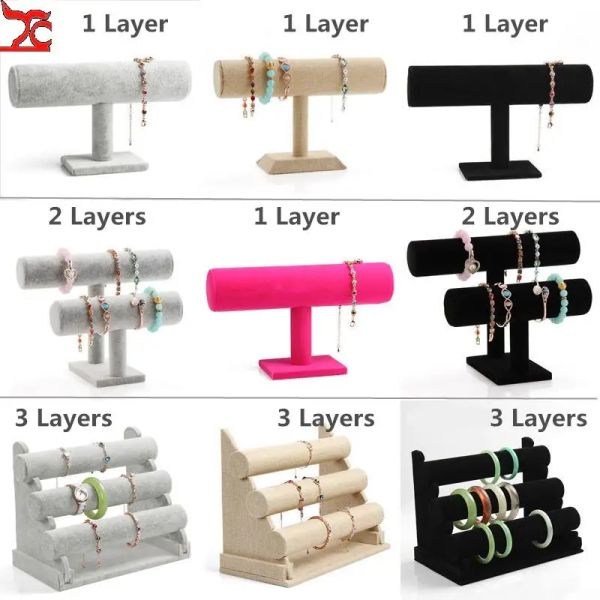 Fios de alta qualidade pulvete de veludo cinza exibição de jóias rack de veludo com várias formas de exibição Rack PU relógio t barra de armazenamento de barra de armazenamento