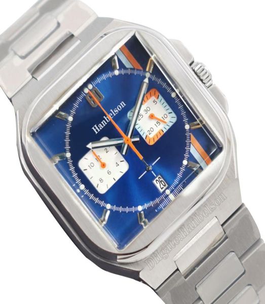 Mens Praça Relógio Bay Japão Japão VK Cronógrafo Quartz Movimento Azul Face laranja Mãos Metal Metal 39mm WristWatch5147325