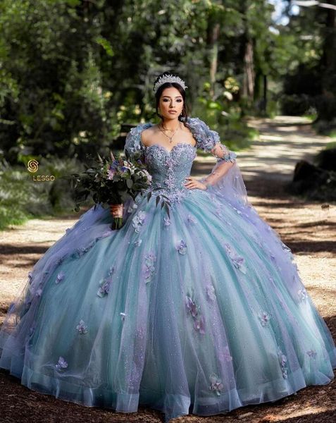 Vestidos de princesa quinceanera de princesa brilhante roxa azul com capa floral Gillter Skirt Sweetheart Vestidos de 15 Anos Quinceaneras 2024