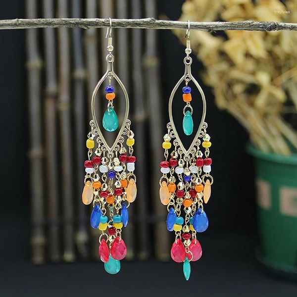 Brincos de garanhão boêmio estilo étnico longa para mulheres meninas vintage colorido christal borla berros jóias de festa de moda