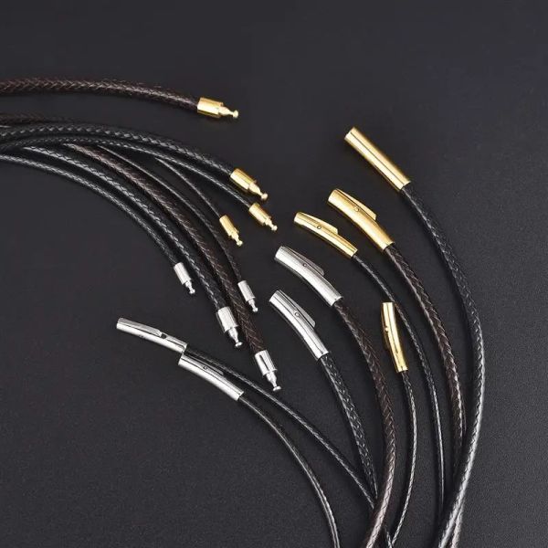Ожерелья Новая 2 -мм черная кожаная шнур -шнурная восковая сеть ожерелье из нержавеющей стали застежки DIY Unisex Collece Chain Jewelry Accessory