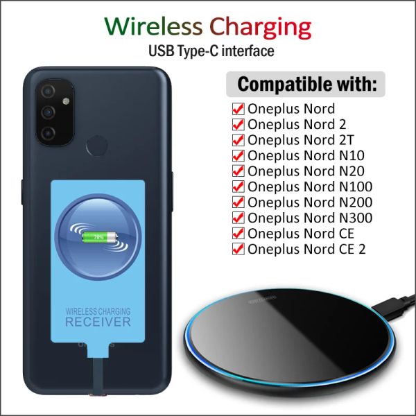 Chargers Qi Ricevitore di ricarica wireless per OnePlus Nord 3 2t CE 2 3 Lite N10 N20 N30 N100 N200 N300 Caricatore wireless+Adattatore Typec USB
