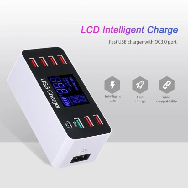 Hubs 8A 40W USB Ladegerät Hub Multi -Ports Smart Quick Lad 3.0 Typ C USB Ladestation Desktop -Ladegerät Schnelles LED -Display 8 Ports