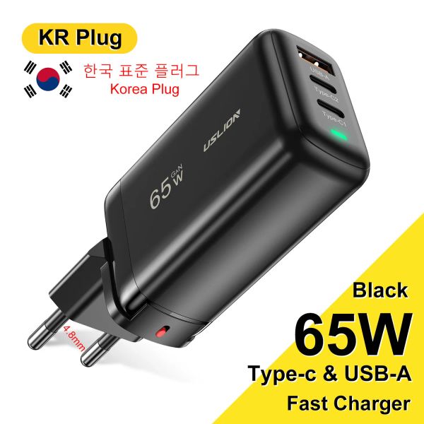 Chargers Uslion 65W GAN USB Type C Caricatore per iPhone 14 13 12 Pro Samsung Adattatore di carica Corea Plug PD USBC Tipo C Laptop Caricatore veloce