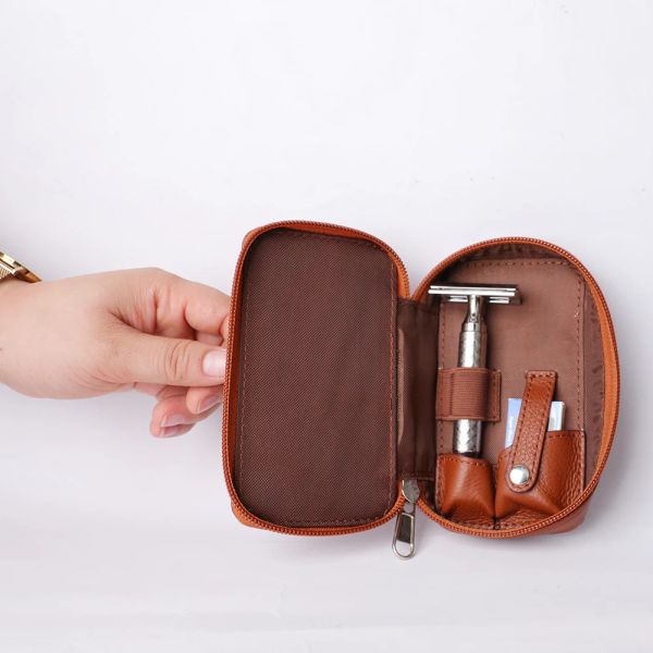 Blades LiveBen Genuine Leather Double Edge Segurança Razor Case de viagem com zíper para o kit de viagem de barbear molhado para presentes para o marido para viajar