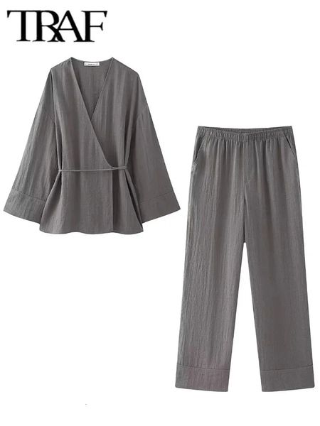 Trafo pijama tarzı pantolon set 2 adet 2024 moda kimono üst kadın takım elbise iki parçalı kadın kıyafeti 240407