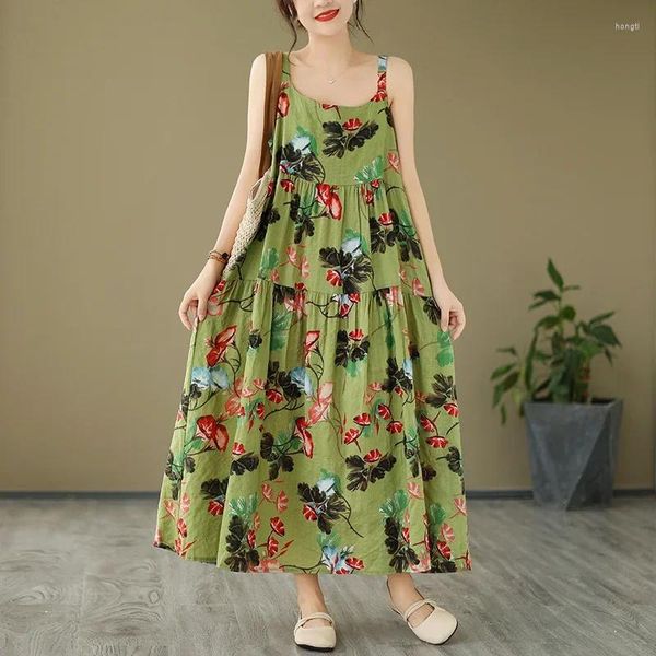 Lässige Kleider Frauen floral bedruckte Baumwollwäsche A-Line Kleiderhülsen und Vintage Tank Rückenless Ladies Lose Maxi