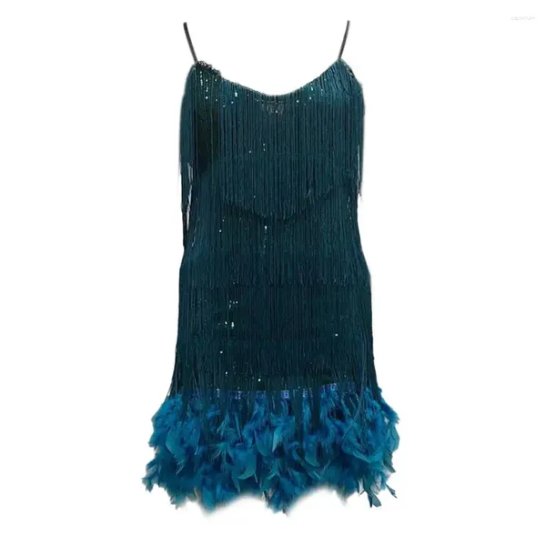 Abiti casual abiti tagliati sciolti spugna di paillettestri di paillettes con decorazioni per piume per donne senza schiena rumba cha-cha danza costume mini club