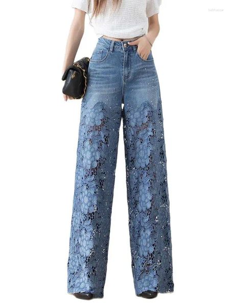 Frauen Jeans Stylish Hook Flower Hollow -out gestickte Frauen 2024 Mode hohe Taille Weitbein gerade Denimhose Streetwear Y2K