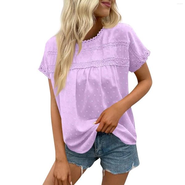 Camisetas femininas Summer redond redond lace gancho agulha curta -Sleeeved lazer móvel Top moda e simples roupas