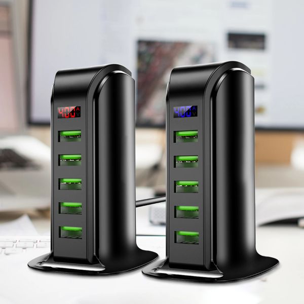 Hubs 5 Port USB Hub AB UK Birden fazla cihaz için ABD fiş şarj istasyonu Şarj cihazı LED ekran blok masaüstü istasyonu ev ofis kullanımı