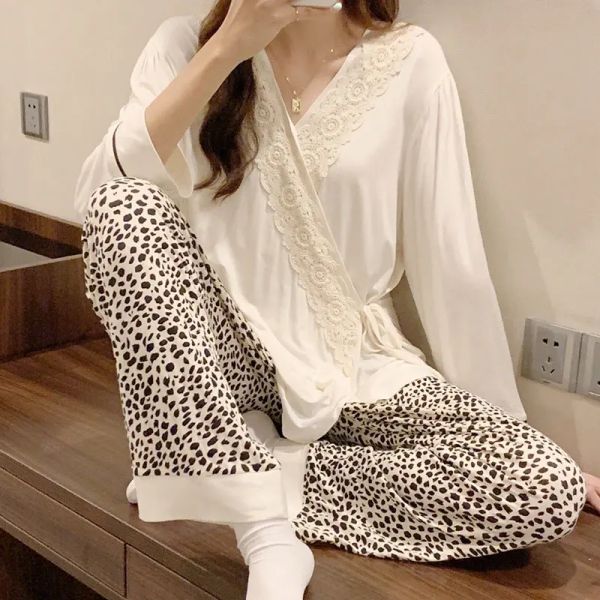 Vestidos fdfklak modal nova maternidade de enfermagem para dormir de leopardo impressão primavera outono de manga longa gravidez roupas caseiras de lounge sono desgaste