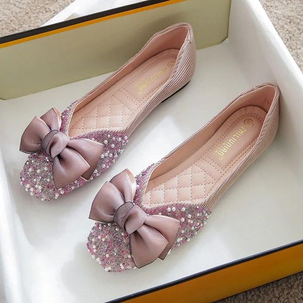 Повседневная обувь Lolita Clear Beadging Bowknot Women Flats Роскошные жемчужные балерина мягкое дно эспадрильи женский маказины. Размер 43