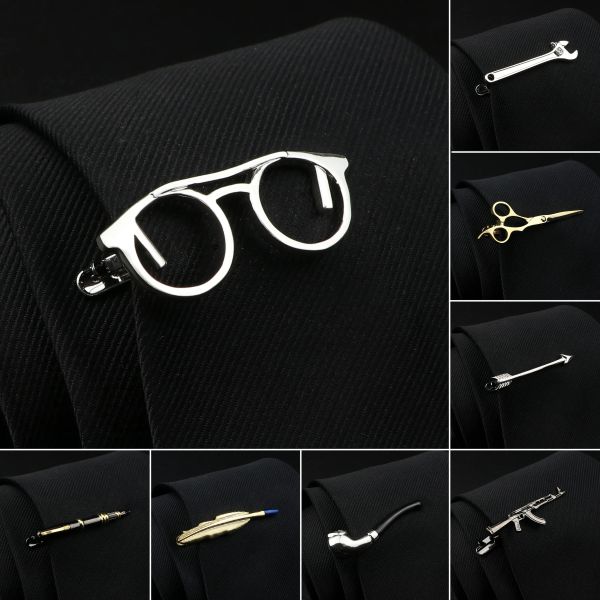 Klipler Erkek Tie Clips 28 Tasarım Seçenek Araç Saksafon Gözlükleri Tüy Şekil Metal kravat tasarım kravat pinler toptan perakende ok klipsi