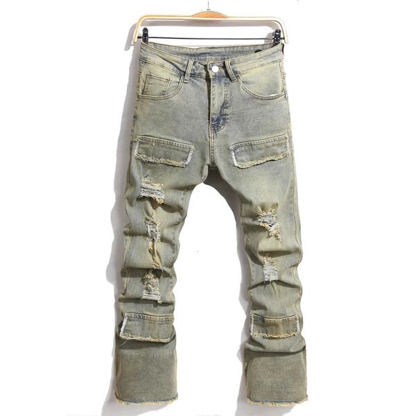 Männer im Streetwear Retro -Stil zerrissen gespleißte Slim Jeanshosen Hip Hop Löcher Stylische Jeanshosen für männlich 240417