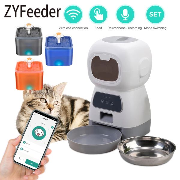 Fütterung von 3,5L Automatic Pet Feeder WiFi App Smart Timed Dosier Feeder Cat Dog Food Spenser 2L Auto Drink Fountain Water Feeder Cat Bowl