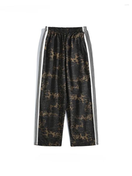 Calça masculina lateral bordado listrado logotipo leopardo impressão reta rua americana americana bela calça solta casual