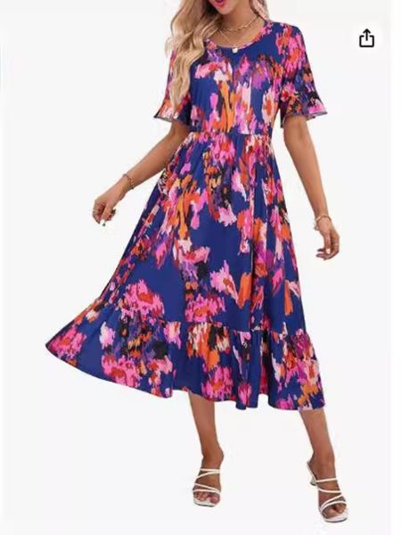 Prettygarden Damen Summer Wrap Maxi Kleid Casual Boho Blumen gegen Nacken Kurzarm gekräuselt