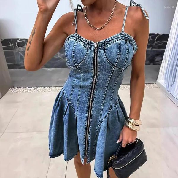 Lässige Kleider Frauen sexy ärmellose Front Reißverschluss Denim Kleid Frühling gegen Nacken gekräuselt A-Linie Mini Sommer Rückenless Schnürschlinge Jeans