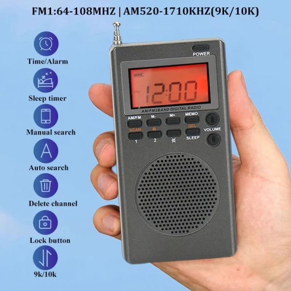 Rádio am FM portátil portátil Rádio pessoal Backlight HD Tela Pocket Pocket Transistor Rádio Alarme Clock Sleep Timer Battery Operado