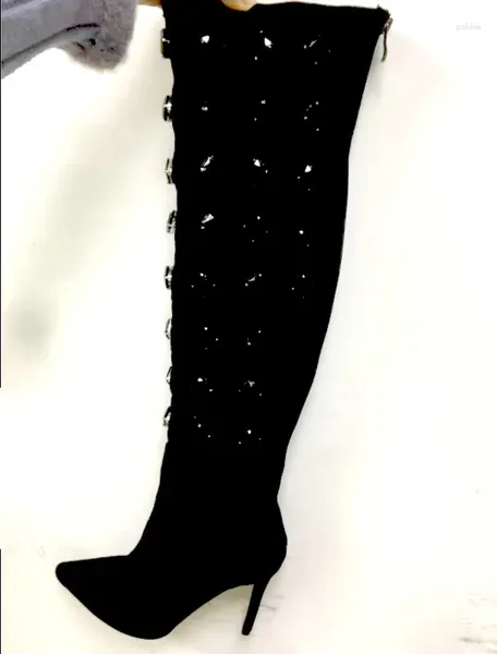 Stiefel Bling Black Edelstein Strass verschönerte Frühlingsknie hohe weibliche dünne Heels Knight Fashion Speced Toe Zapato Bottine