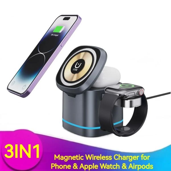 Chargers da 15 W Caricatore wireless magnetico pieghevole per iPhone 12 13 14 Pro Max Night Light Portable Carging Station per AirPods Apple Watch