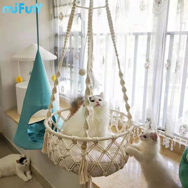 Mats Mifuny Tecida gato ninhos pura feita algodão corda de pet ninho cesto de cesta de cesto de bolso pendurado penduramento hammock brinquedo de verão decoração de parede de verão