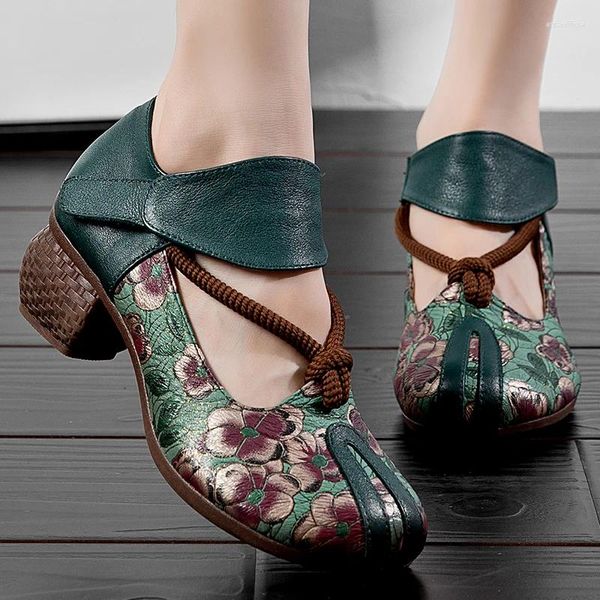 Sapatos de vestido emboras bombas de couro para mulheres mary jane estilo chinês de estilo artesanal salto alto 2024 venda