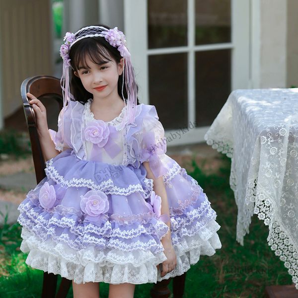 Crianças Flores estéreo Casamentos vestidos de verão garotas de renda bordada vestido de bolo de renda lolita crianças gaze puff sleeve princesa roupas z7843