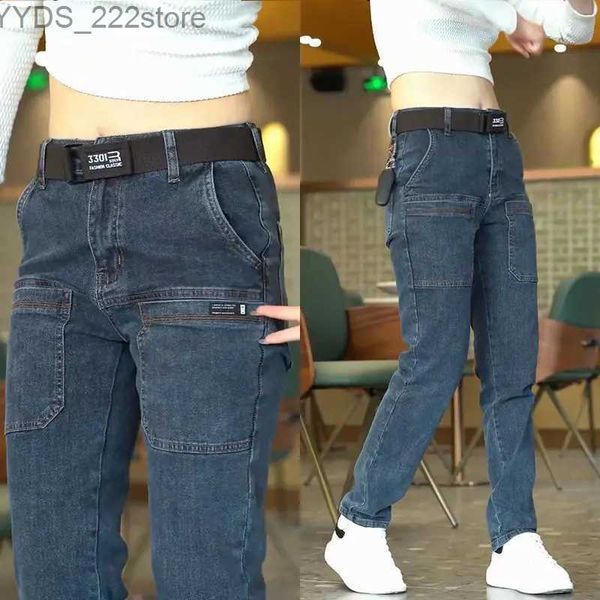 Jeans femininos 2024 Novo jeans apertado coreano Y2K RETRO AZUL Produto Denim Pockets Mens Casual Street Jeans Roupas de calças YQ240423