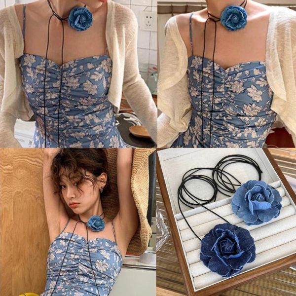 Halsketten DIY Blue Denim Stoff Flower CHOKER Halskette für Frauen Mehrschichtige Blume Chokers Trendy Modeschmuck auf Nackenzubehör