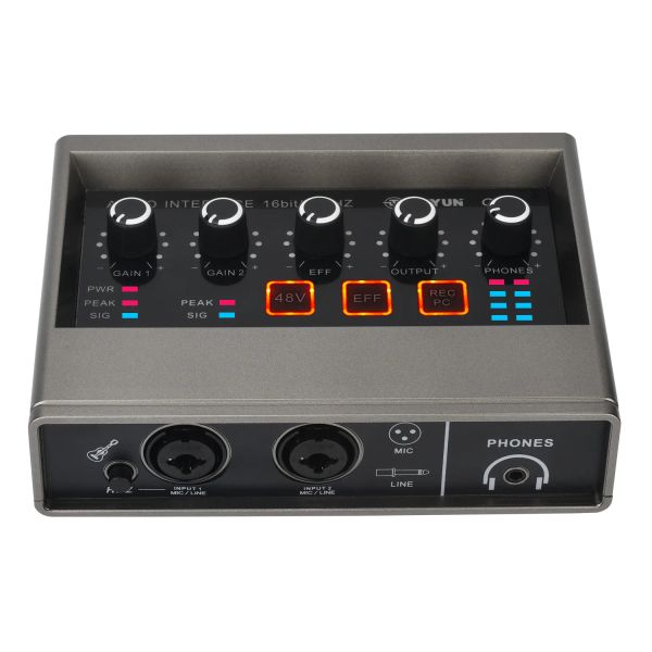 Equipamento Teyun 2 Channel 48V Interface de áudio Diverfree Computer Record Guitar Eco efeitos de eco de guitarra PC PC Cartão de som externo Q16