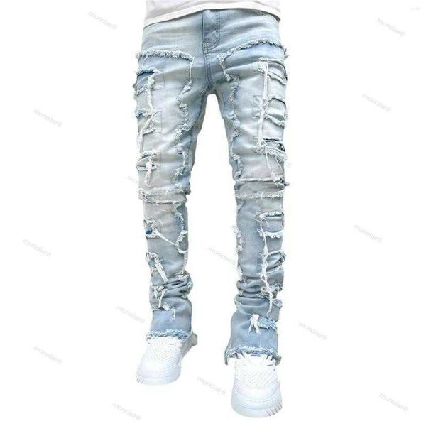 Jeans jeans abita regolare patch impilati angosciati distrutti pantaloni di denim dritto coaguli streetwear