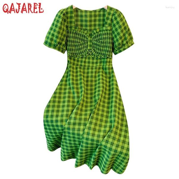 Vestidos de festa Mulheres xadrez verde xadrez colarinho midi de colarinho de verão de verão elegante e bonito 2024 coreano