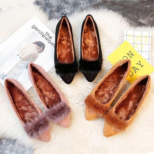 Sıradan Ayakkabı 34-42 Mokasinler Kadın Kış Peluş Kürk Daireleri Saçlı Ayak Parça Sığ Sıcak Yumuşak Turdu Loafers Tembel Slip-On Pamuk