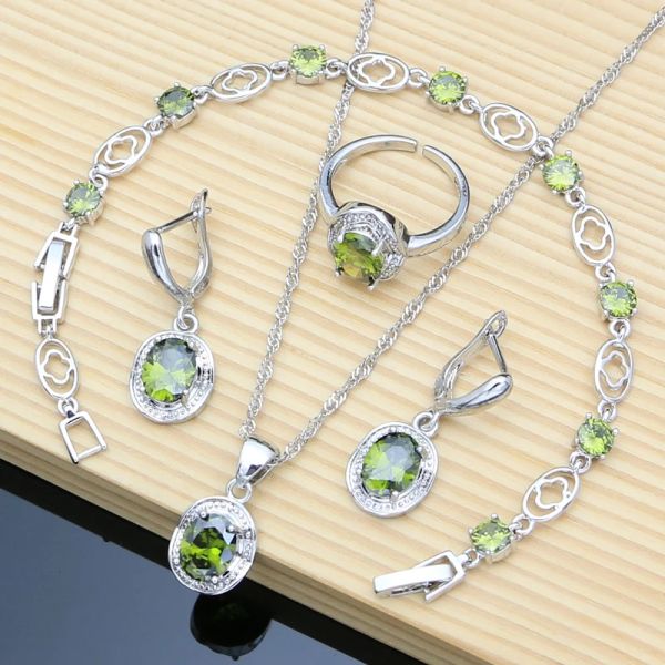 Stränge Braut Silber 925 Schmuckset Olivengrün Topaz Edelsteingeburtsstein -Ohrring -Armband Resizierring Halskette Großhandel 12 Farben