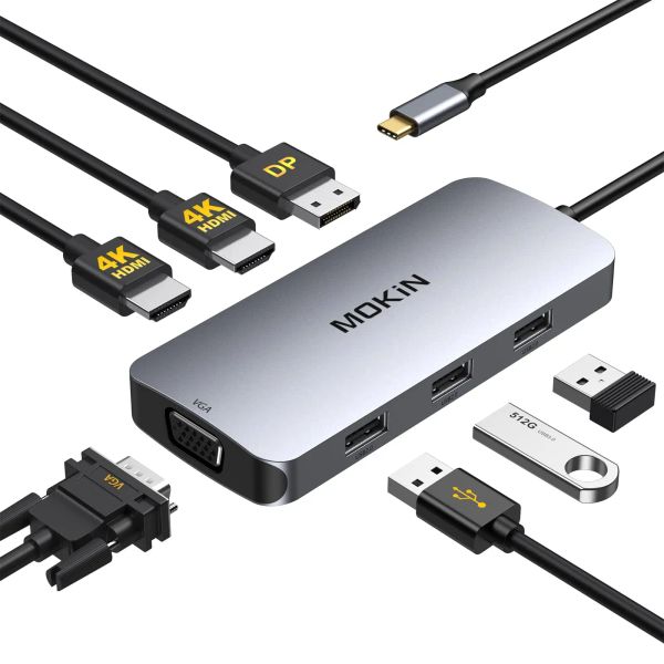 Hubs USB C para o adaptador HDMI duplo, 7 em 1 USB C Docking Station para HDMI duplo, hub USB C com 2HDMI, porta DisplayPort, VGA