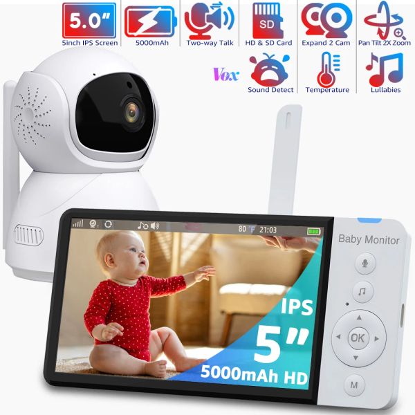 Monitora o monitor de bebê eletrônico de 5 polegadas com câmera e áudio 5000mAh Battery IPS Screen Video sem fio BabyPhone com baby -câmera Nanny