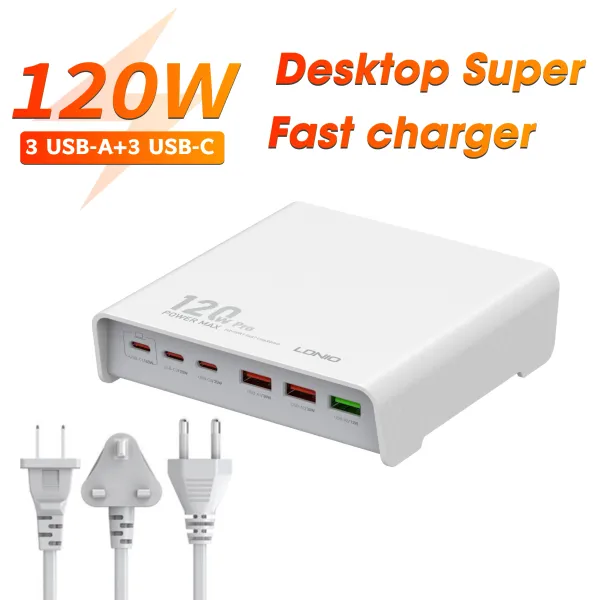 Hubs Ldnio 120W GaN 6 Tipo de porta USB C Estação de carregamento Hub bloco de mesa Adaptador de tira de alimentação 3 USB C 3 USB A High Power