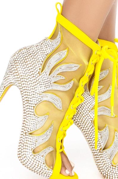 Botas choudory amarelo preto malha bling floral cristal tornozelo brilhante strass shinstone alteamento de salto alto aberta sandálias