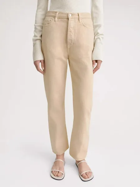 Jeans femminile 2024 Autunno signore lavate in cotone beige a metà giro punta.