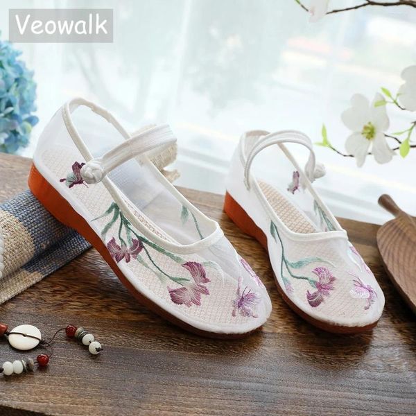 Повседневная обувь Veowalk Summer Women Make Tabric вышитые балетные балеты ретро -в -китайский стиль воздухопроницаемые прогулочные черные белые